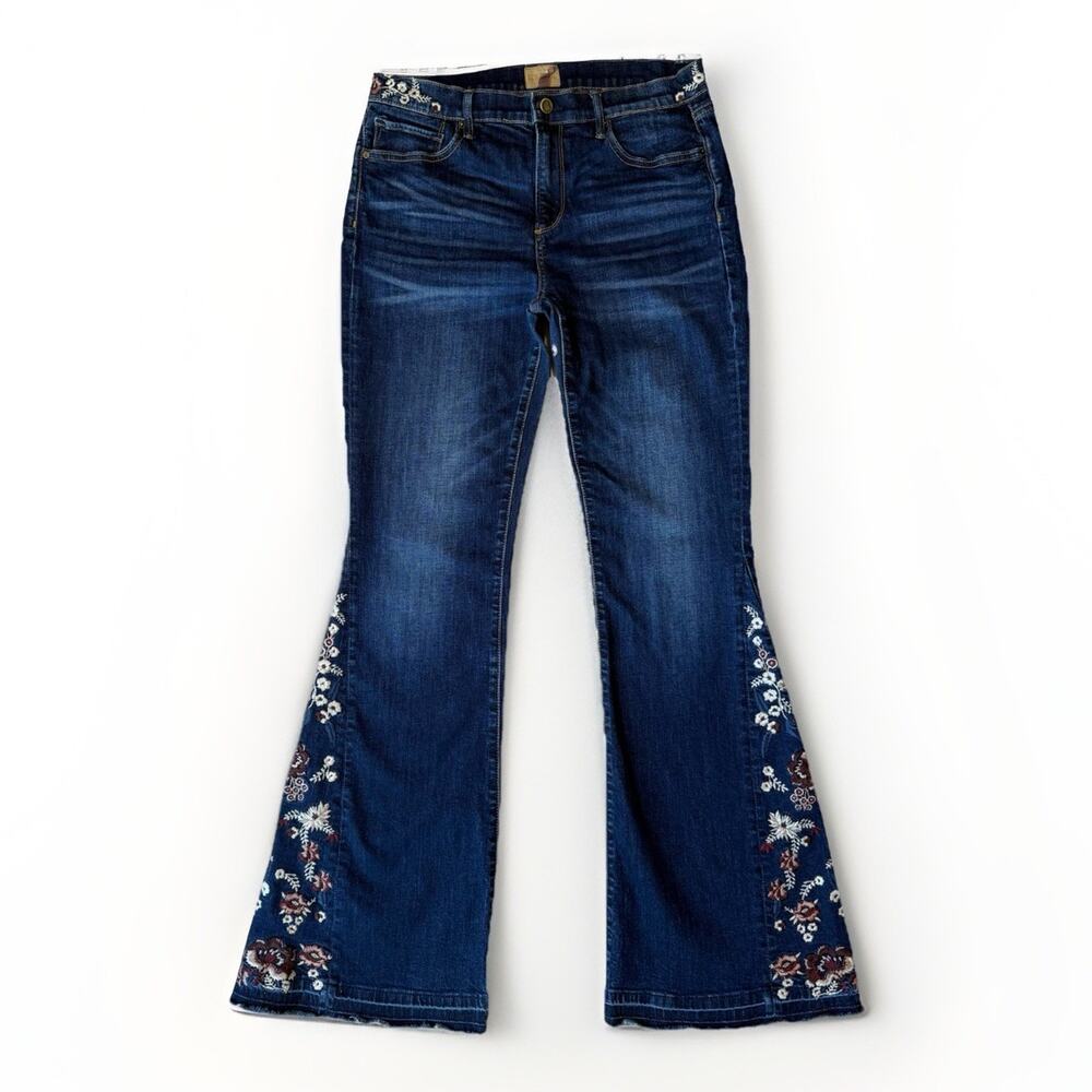 Driftwood Farrah Flare Jeans Women's 30 Dark Blue Wide Leg Embroidered Art